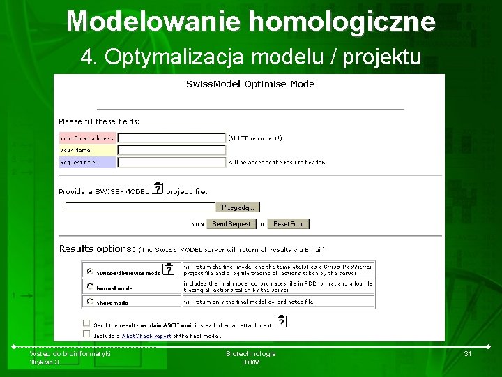 Modelowanie homologiczne 4. Optymalizacja modelu / projektu Wstęp do bioinformatyki Wykład 3 Biotechnologia UWM