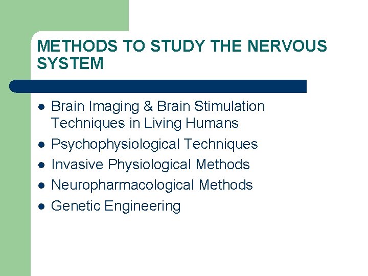 METHODS TO STUDY THE NERVOUS SYSTEM l l l Brain Imaging & Brain Stimulation