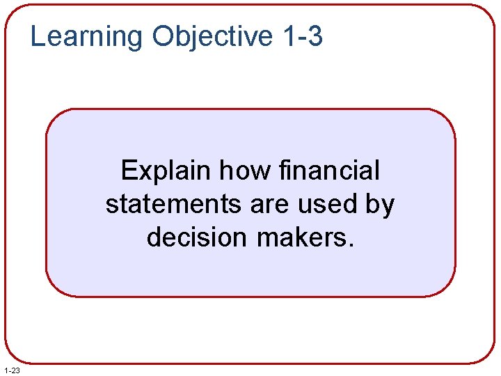 Learning Objective 1 -3 Explain how financial statements are used by decision makers. 1