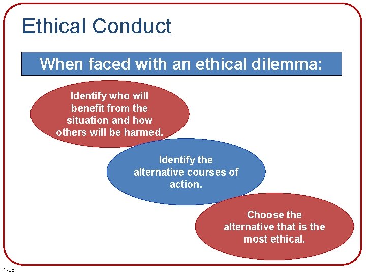 Ethical Conduct When faced with an ethical dilemma: Identify who will benefit from the