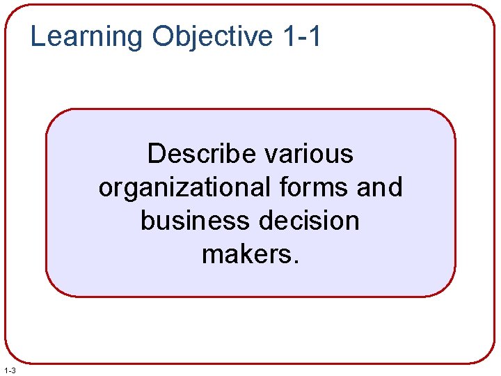 Learning Objective 1 -1 Describe various organizational forms and business decision makers. 1 -3