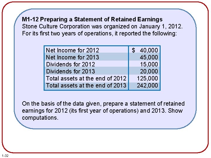 M 1 -12 Preparing a Statement of Retained Earnings Stone Culture Corporation was organized