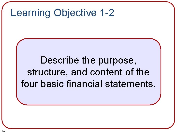Learning Objective 1 -2 Describe the purpose, structure, and content of the four basic