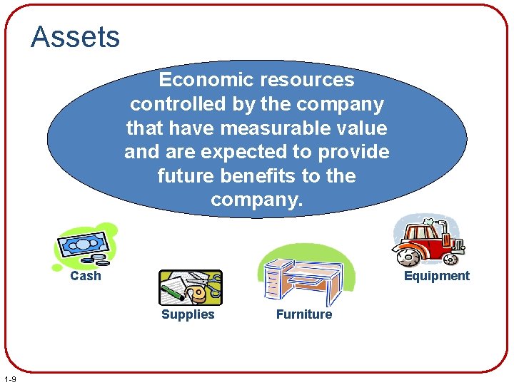 Assets Economic resources controlled by the company that have measurable value and are expected