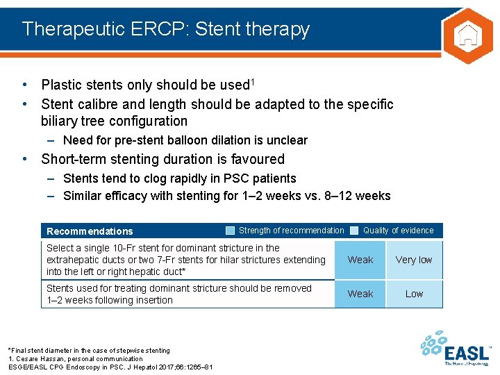 Therapeutic ERCP: Stent therapy • Plastic stents only should be used 1 • Stent