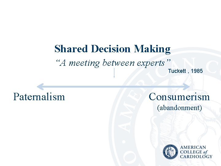 Shared Decision Making “A meeting between experts” Tuckett , 1985 Paternalism Consumerism (abandonment) 