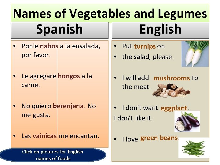 Names of Vegetables and Legumes Spanish English • Ponle nabos a la ensalada, por