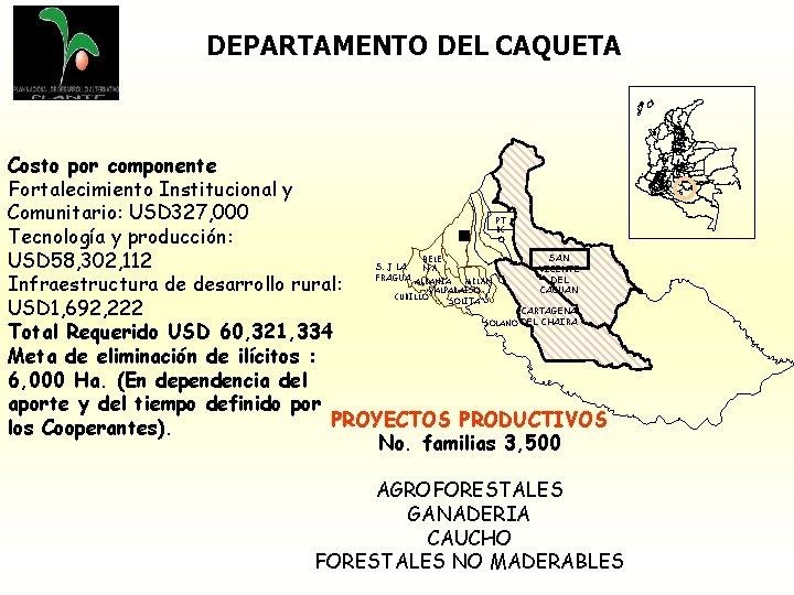 DEPARTAMENTO DEL CAQUETA Costo por componente Fortalecimiento Institucional y Comunitario: USD 327, 000 Tecnología