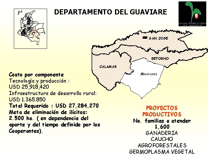 DEPARTAMENTO DEL GUAVIARE SAN JOSE RETORNO CALAMAR Costo por componente Tecnología y producción :