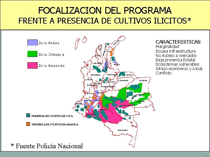 FOCALIZACION DEL PROGRAMA FRENTE A PRESENCIA DE CULTIVOS ILICITOS* CARACTERISTICAS RA I AJ GU