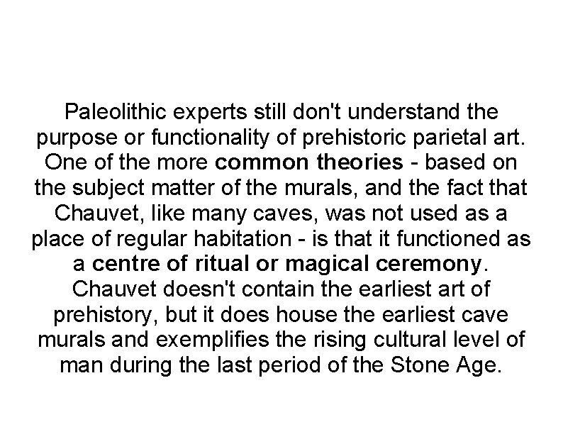 Paleolithic experts still don't understand the purpose or functionality of prehistoric parietal art. One