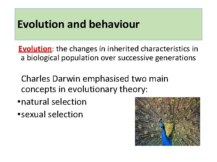 Evolution and behaviour Evolution: the changes in inherited characteristics in a biological population over