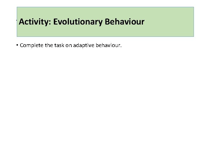 Activity: Task 1: Evolutionary Behaviour • Complete the task on adaptive behaviour. 