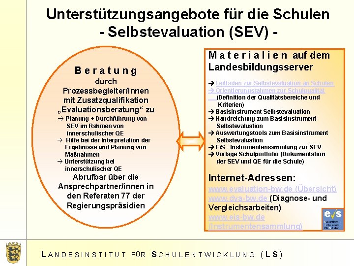 Unterstützungsangebote für die Schulen - Selbstevaluation (SEV) Beratung durch Prozessbegleiter/innen mit Zusatzqualifikation „Evaluationsberatung“ zu