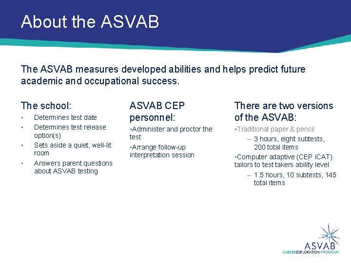 About the ASVAB The ASVAB measures developed abilities and helps predict future academic and