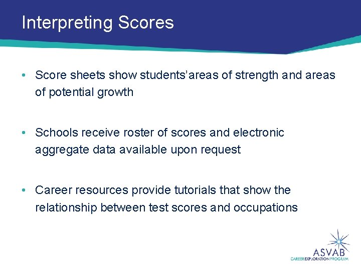 Interpreting Scores • Score sheets show students’areas of strength and areas of potential growth