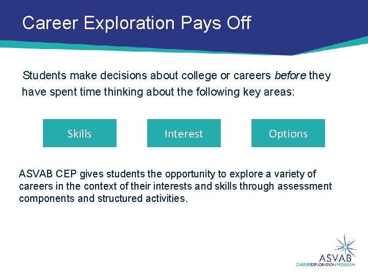 Career Exploration Pays Off Students make decisions about college or careers before they have