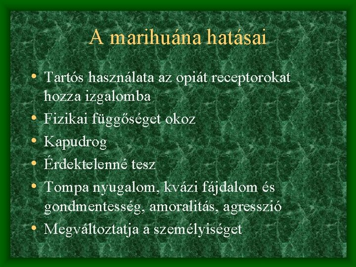 A marihuána hatásai • Tartós használata az opiát receptorokat • • • hozza izgalomba