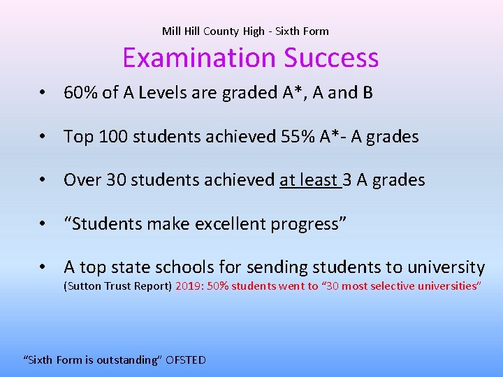 Mill Hill County High - Sixth Form Examination Success • 60% of A Levels