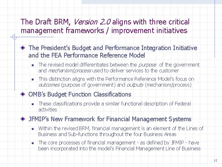 The Draft BRM, Version 2. 0 aligns with three critical management frameworks / improvement