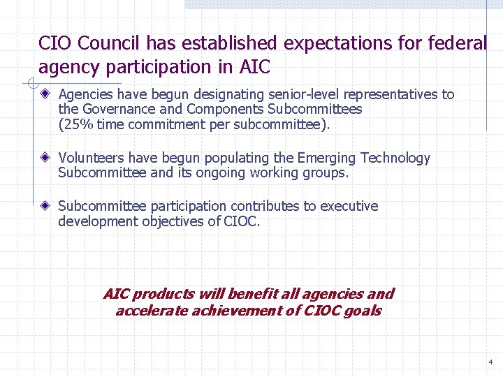 CIO Council has established expectations for federal agency participation in AIC Agencies have begun