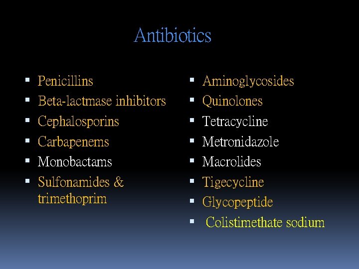 Antibiotics Penicillins Beta-lactmase inhibitors Cephalosporins Carbapenems Monobactams Sulfonamides & trimethoprim Aminoglycosides Quinolones Tetracycline Metronidazole