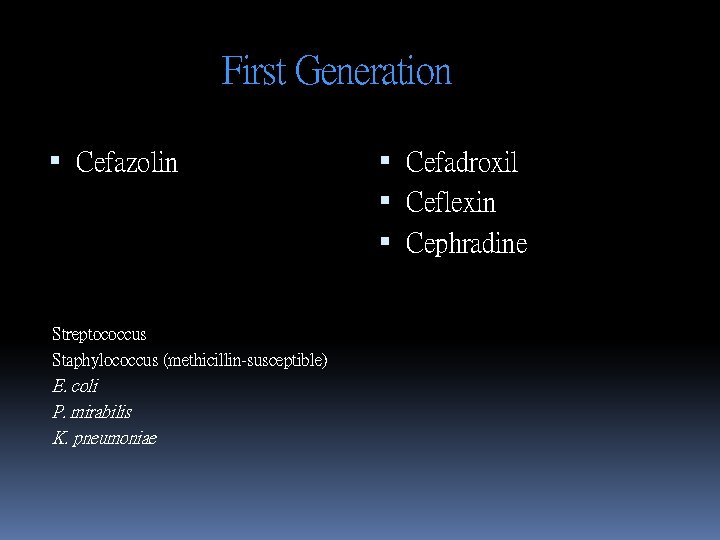 First Generation Cefazolin Streptococcus Staphylococcus (methicillin-susceptible) E. coli P. mirabilis K. pneumoniae Cefadroxil Ceflexin