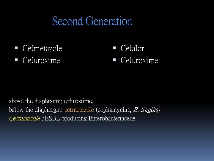 Second Generation Cefmetazole Cefuroxime Cefalor Cefuroxime above the diaphragm: cefuroxime. below the diaphragm: cefmetazole