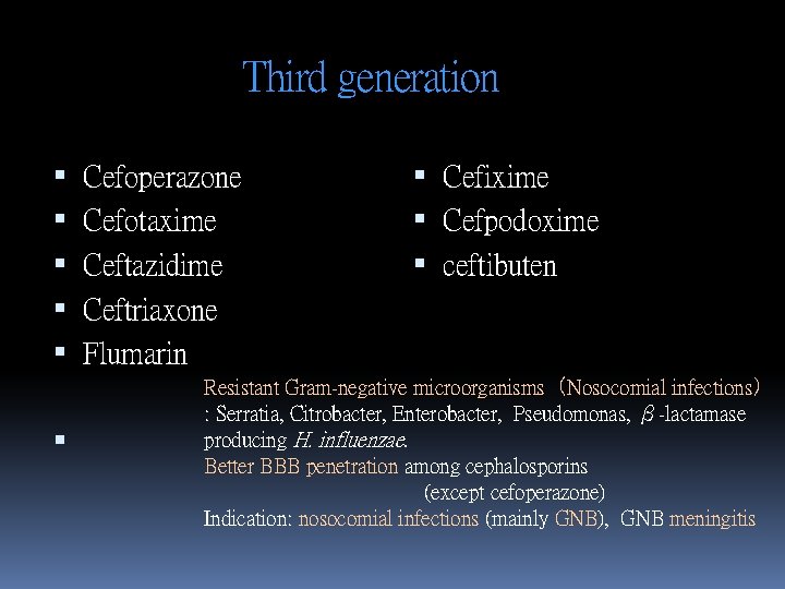 Third generation Cefoperazone Cefotaxime Ceftazidime Ceftriaxone Flumarin Cefixime Cefpodoxime ceftibuten Resistant Gram-negative microorganisms（Nosocomial infections）