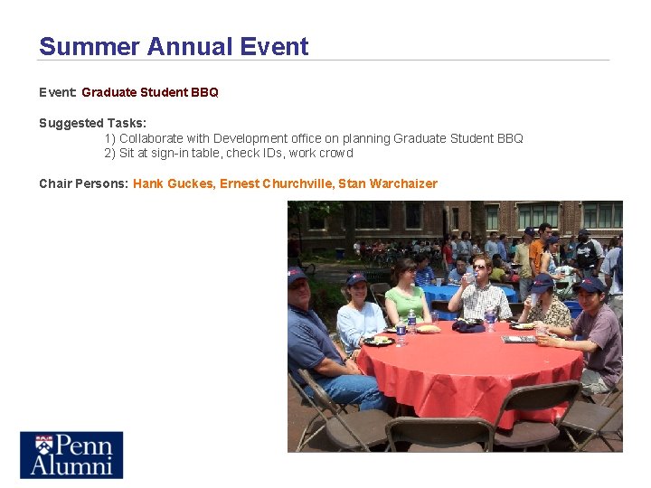 Summer Annual Event: Graduate Student BBQ Suggested Tasks: 1) Collaborate with Development office on