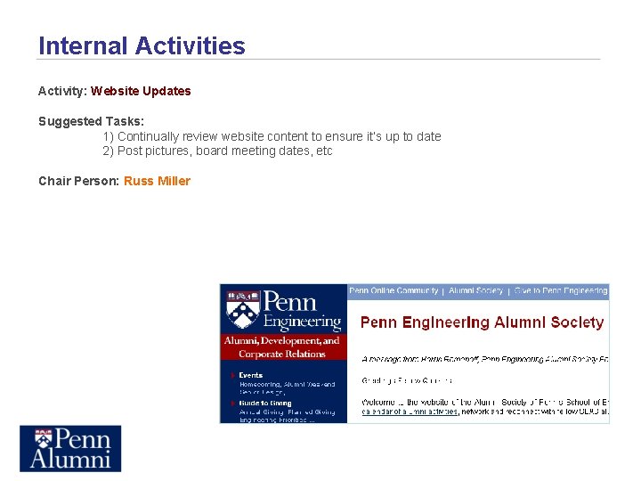 Internal Activities Activity: Website Updates Suggested Tasks: 1) Continually review website content to ensure