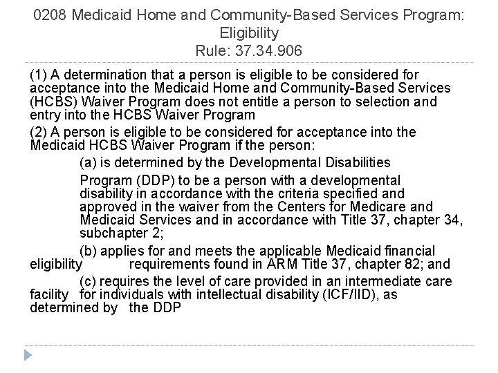 0208 Medicaid Home and Community-Based Services Program: Eligibility Rule: 37. 34. 906 (1) A