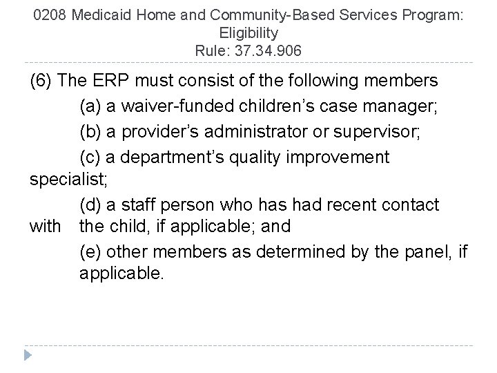 0208 Medicaid Home and Community-Based Services Program: Eligibility Rule: 37. 34. 906 (6) The