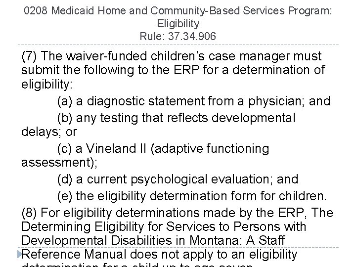 0208 Medicaid Home and Community-Based Services Program: Eligibility Rule: 37. 34. 906 (7) The