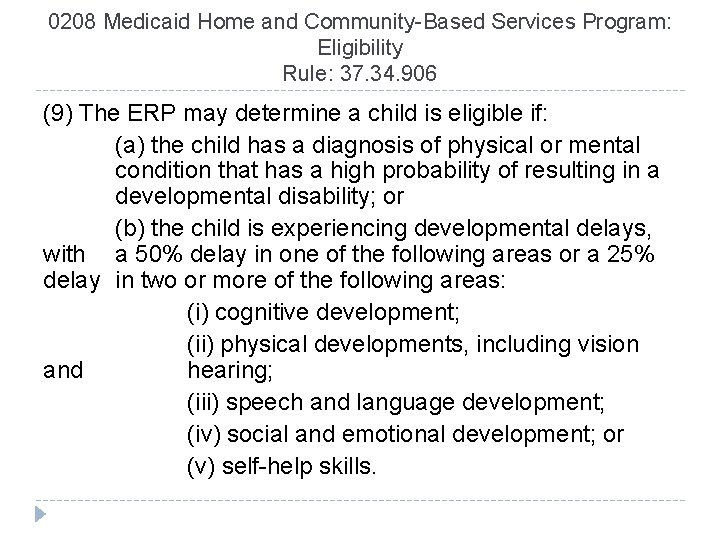 0208 Medicaid Home and Community-Based Services Program: Eligibility Rule: 37. 34. 906 (9) The