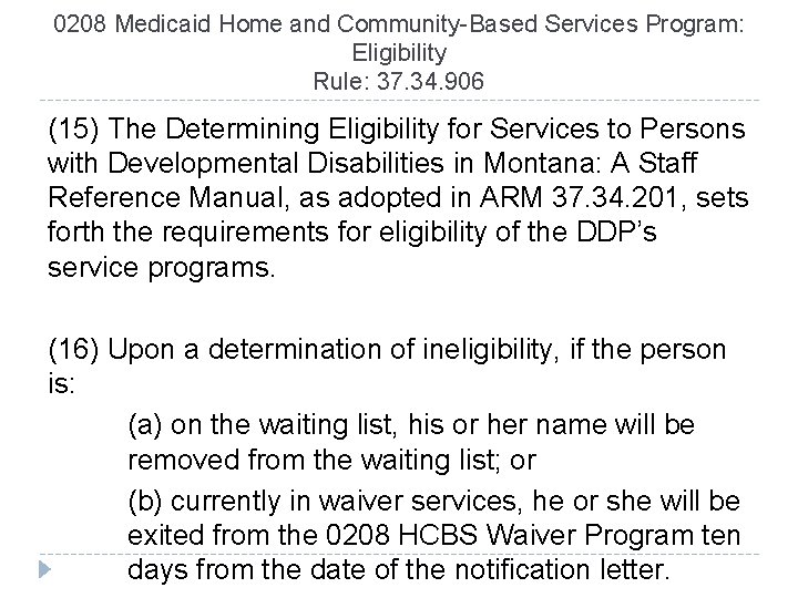 0208 Medicaid Home and Community-Based Services Program: Eligibility Rule: 37. 34. 906 (15) The