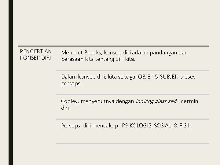 PENGERTIAN KONSEP DIRI Menurut Brooks, konsep diri adalah pandangan dan perasaan kita tentang diri PENGERTIAN KONSEP DIRI Menurut Brooks, konsep diri adalah pandangan dan perasaan kita tentang diri