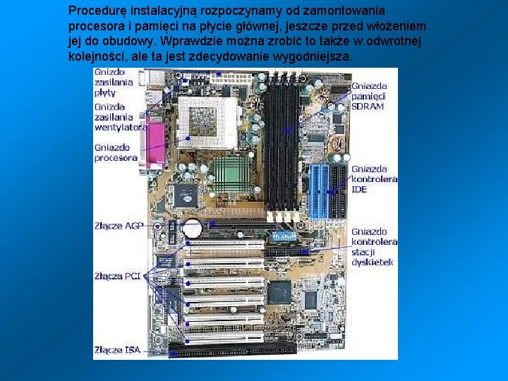 Procedurę instalacyjną rozpoczynamy od zamontowania procesora i pamięci na płycie głównej, jeszcze przed włożeniem