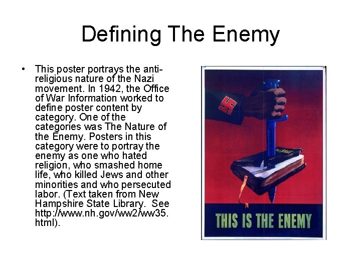 Defining The Enemy • This poster portrays the antireligious nature of the Nazi movement.