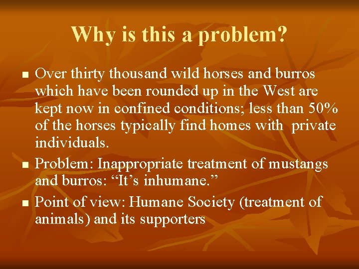 Why is this a problem? n n n Over thirty thousand wild horses and