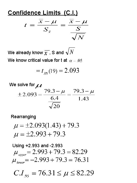 Confidence Limits (C. I. ) We already know , S and We know critical