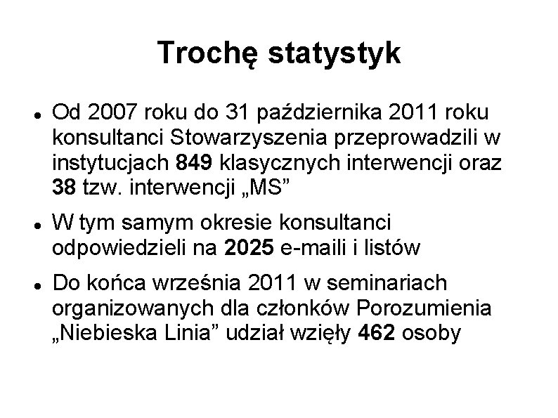 Trochę statystyk Od 2007 roku do 31 października 2011 roku konsultanci Stowarzyszenia przeprowadzili w