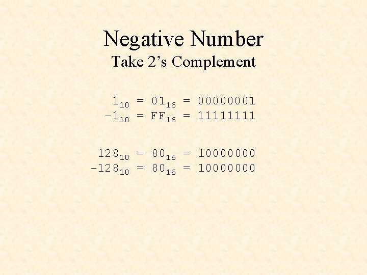 Negative Number Take 2’s Complement 110 = 0116 = 00000001 -110 = FF 16