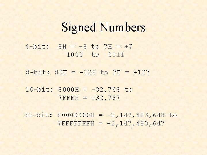 Signed Numbers 4 -bit: 8 H = -8 to 7 H = +7 1000