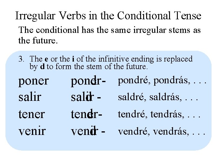 Irregular Verbs in the Conditional Tense The conditional has the same irregular stems as