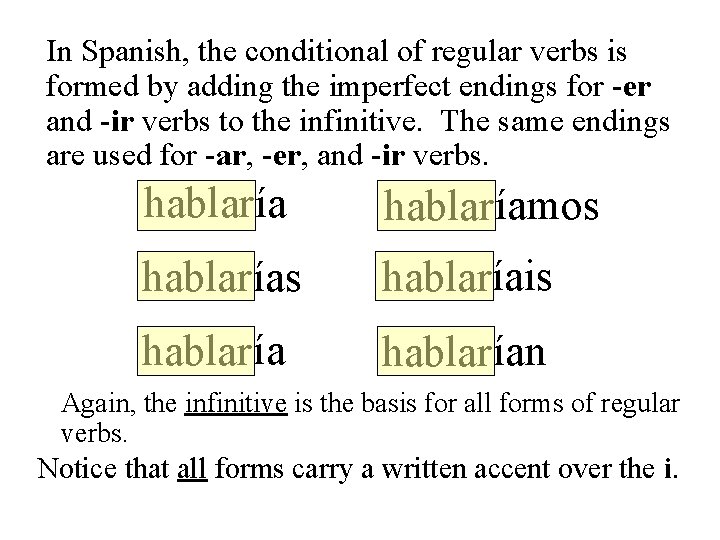 In Spanish, the conditional of regular verbs is formed by adding the imperfect endings
