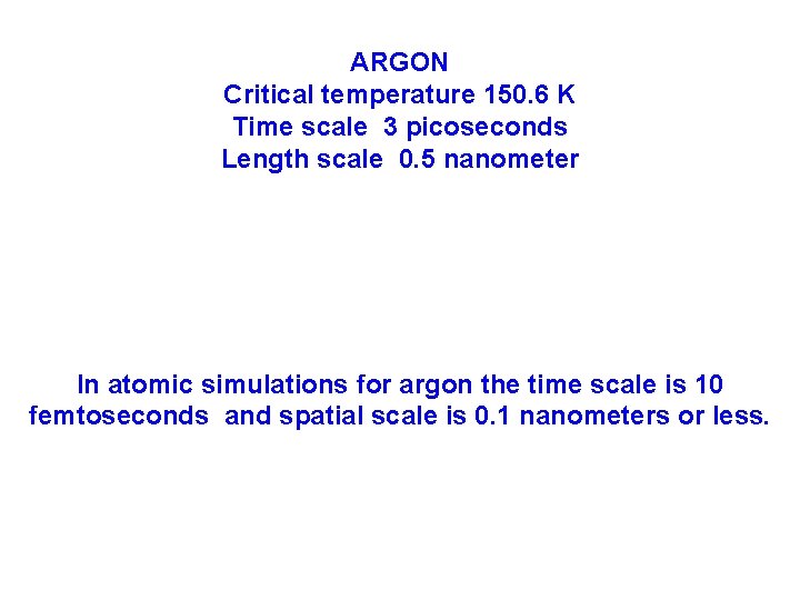 ARGON Critical temperature 150. 6 K Time scale 3 picoseconds Length scale 0. 5