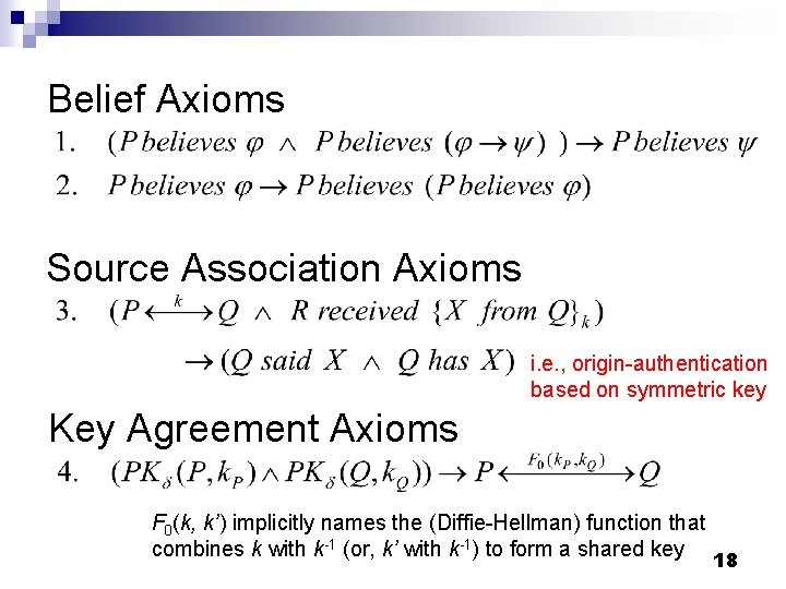 Belief Axioms Source Association Axioms i. e. , origin-authentication based on symmetric key Key