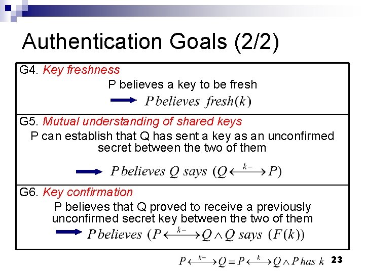 Authentication Goals (2/2) G 4. Key freshness P believes a key to be fresh