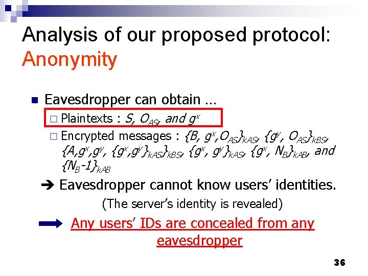 Analysis of our proposed protocol: Anonymity n Eavesdropper can obtain … : S, OAS,